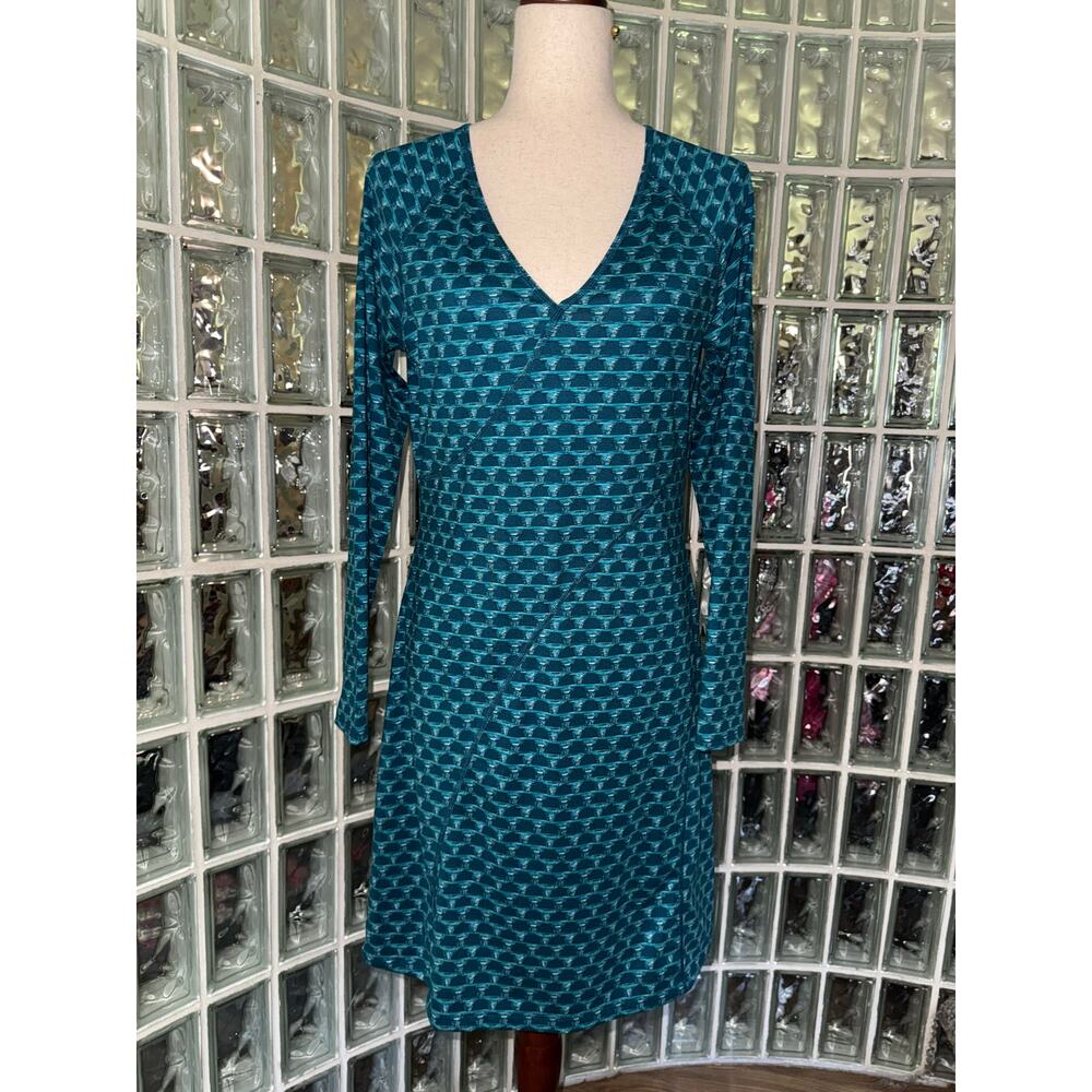 Title Nine V-Neck Active Dress Geometric Long Sleeve A-Line Stretch - SzM - OE